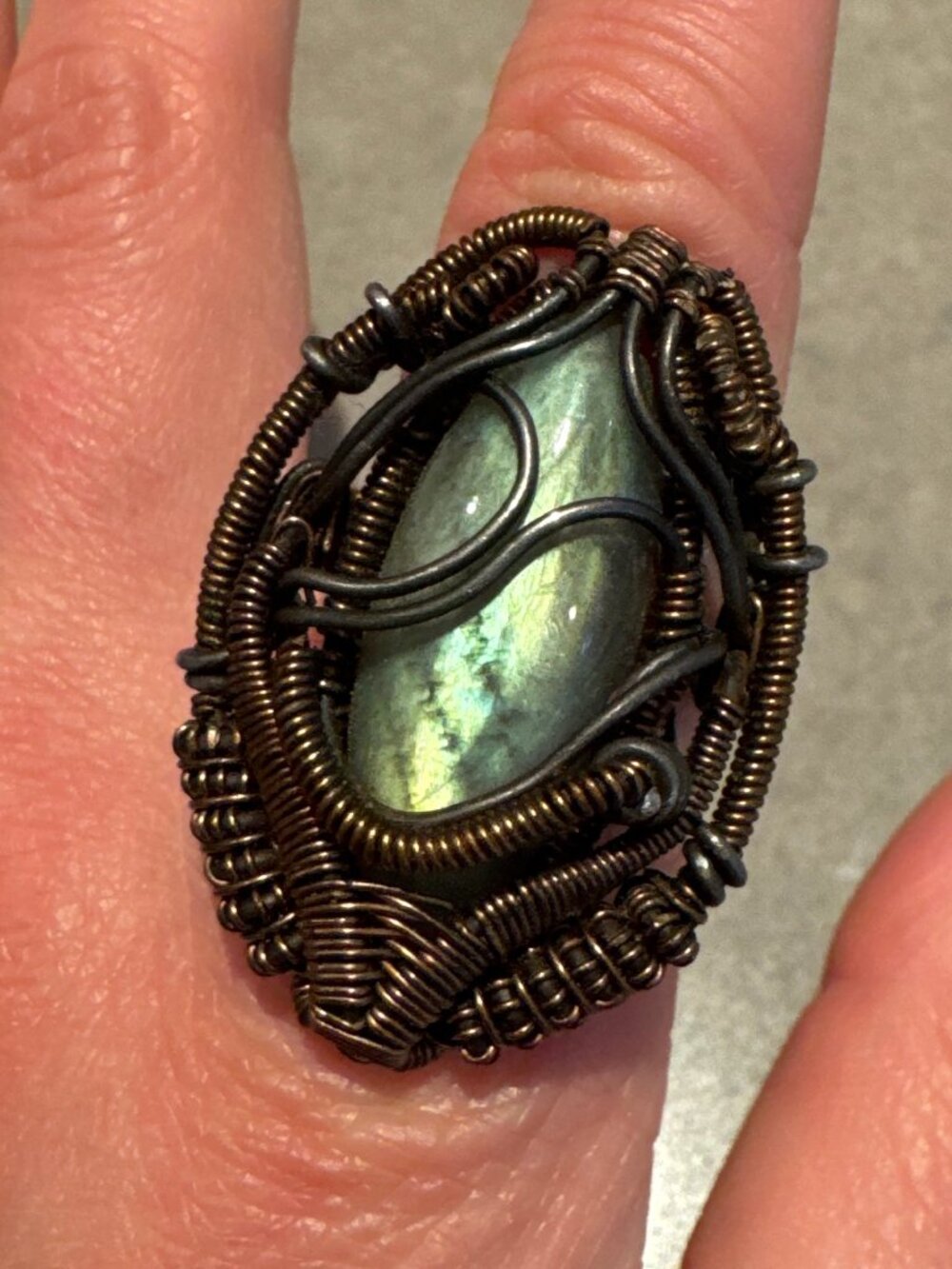 Handmade Wire Wrapped Ring Bronze Labradorite Garnet One of a Kind Chunky 8.5